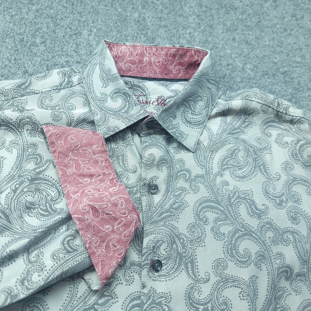 Tasso Elba Mens Large Grey Paisley Long Sleeve Button Down Shirt Pink Trim